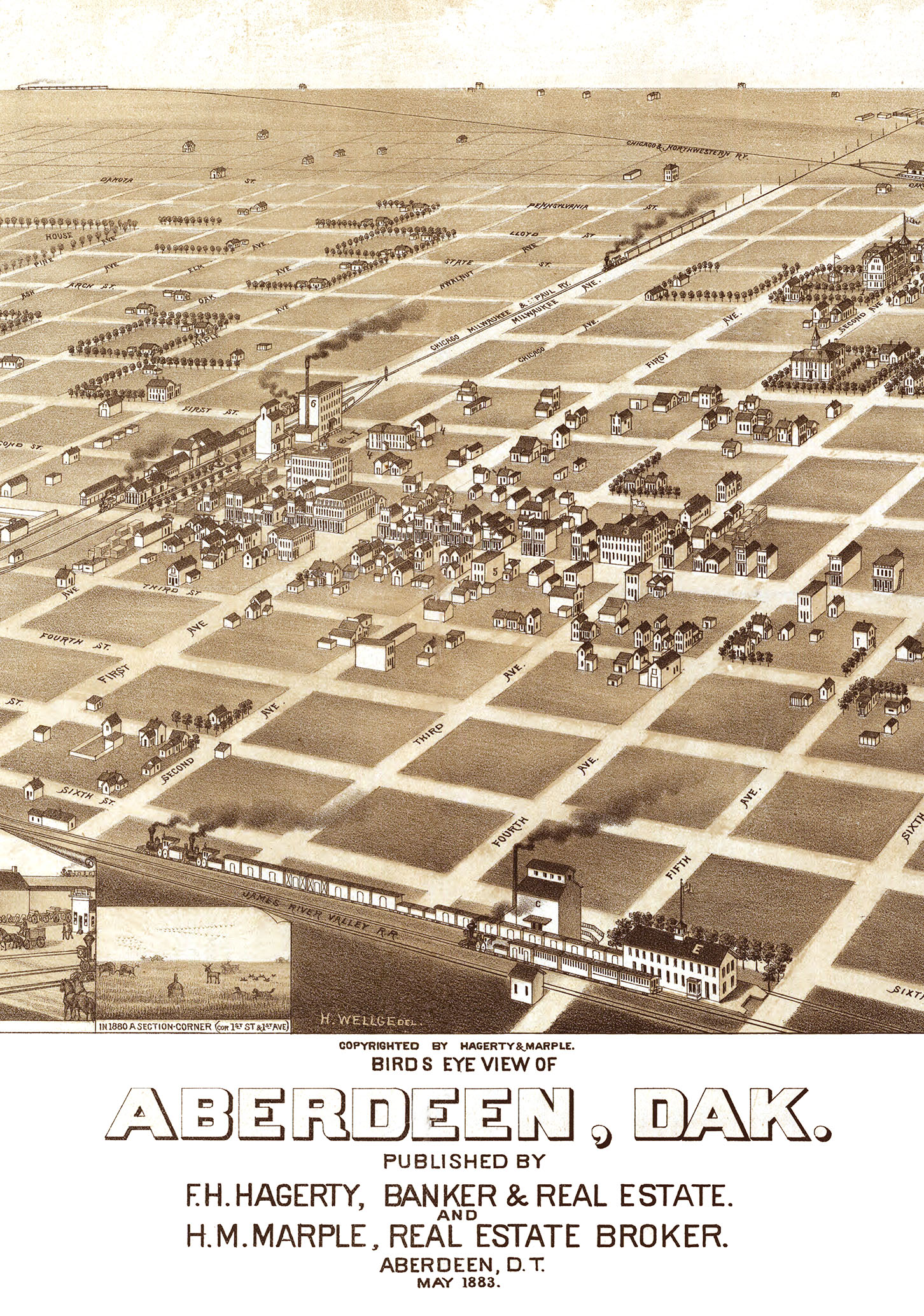 Aberdeen, South Dakota in 1883 Bird's Eye View, Aerial Panorama