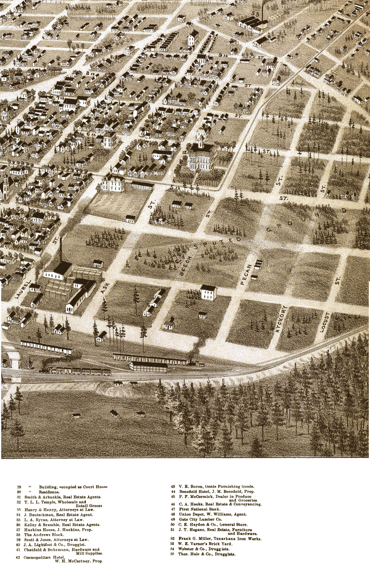 Texarkana, Arkansas and Texas in 1888 Bird's Eye View, Aerial Panorama, Vintage, Antique Map