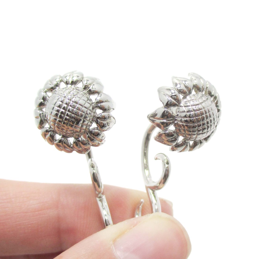 Sunflower Flower Shaped Fake Gauge Plug Stud Earrings in Silver