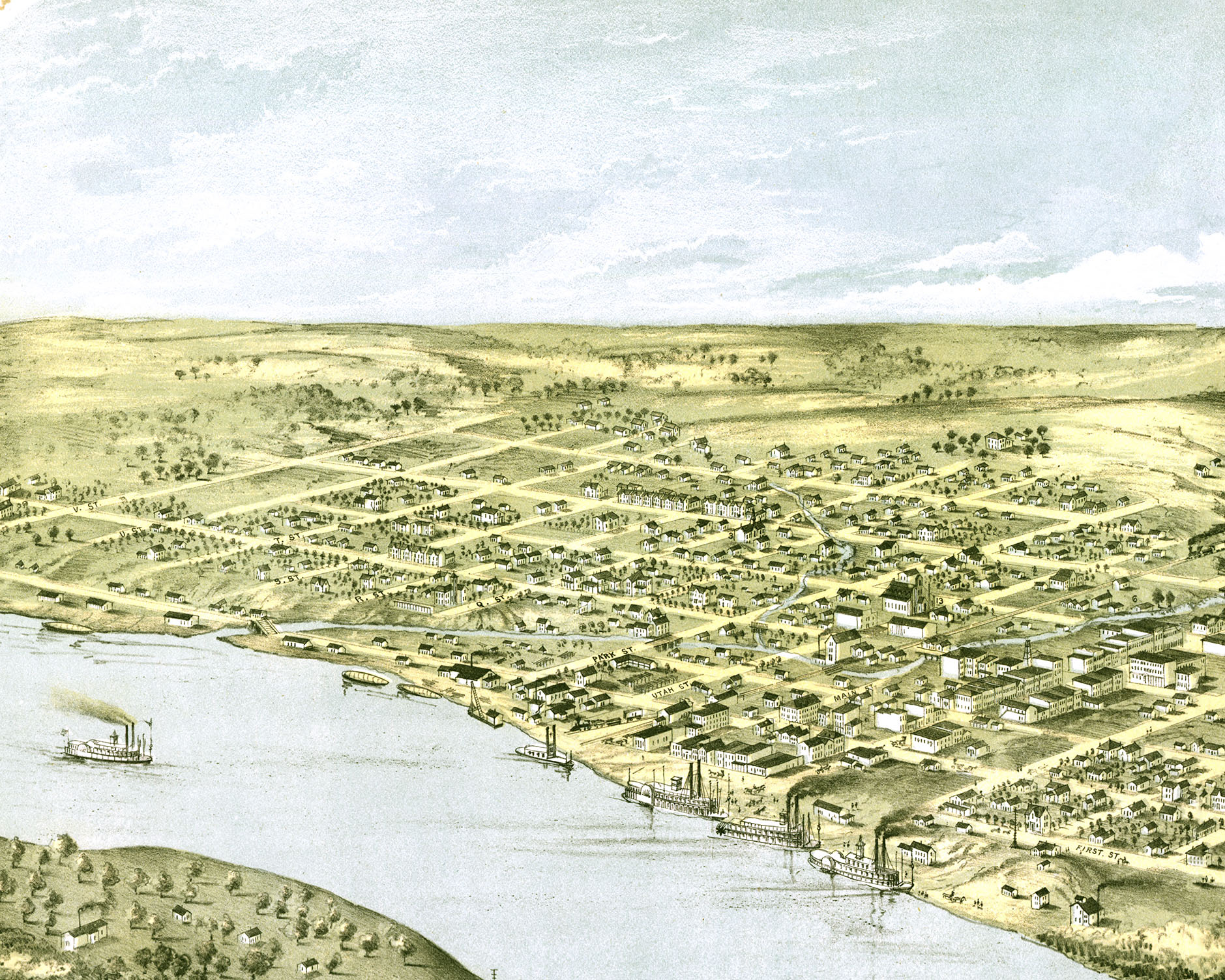 Atchison, Kansas in 1869 Bird's Eye View Map, Aerial, Panorama