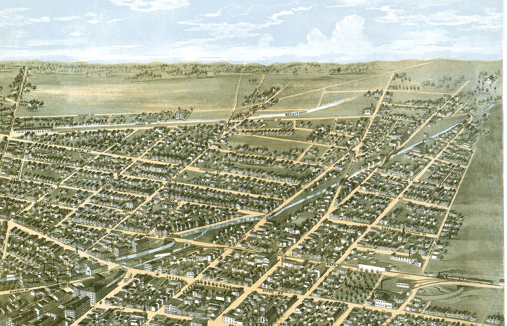 Dayton, Ohio in 1870 Bird's Eye View Map, Aerial, Panorama map