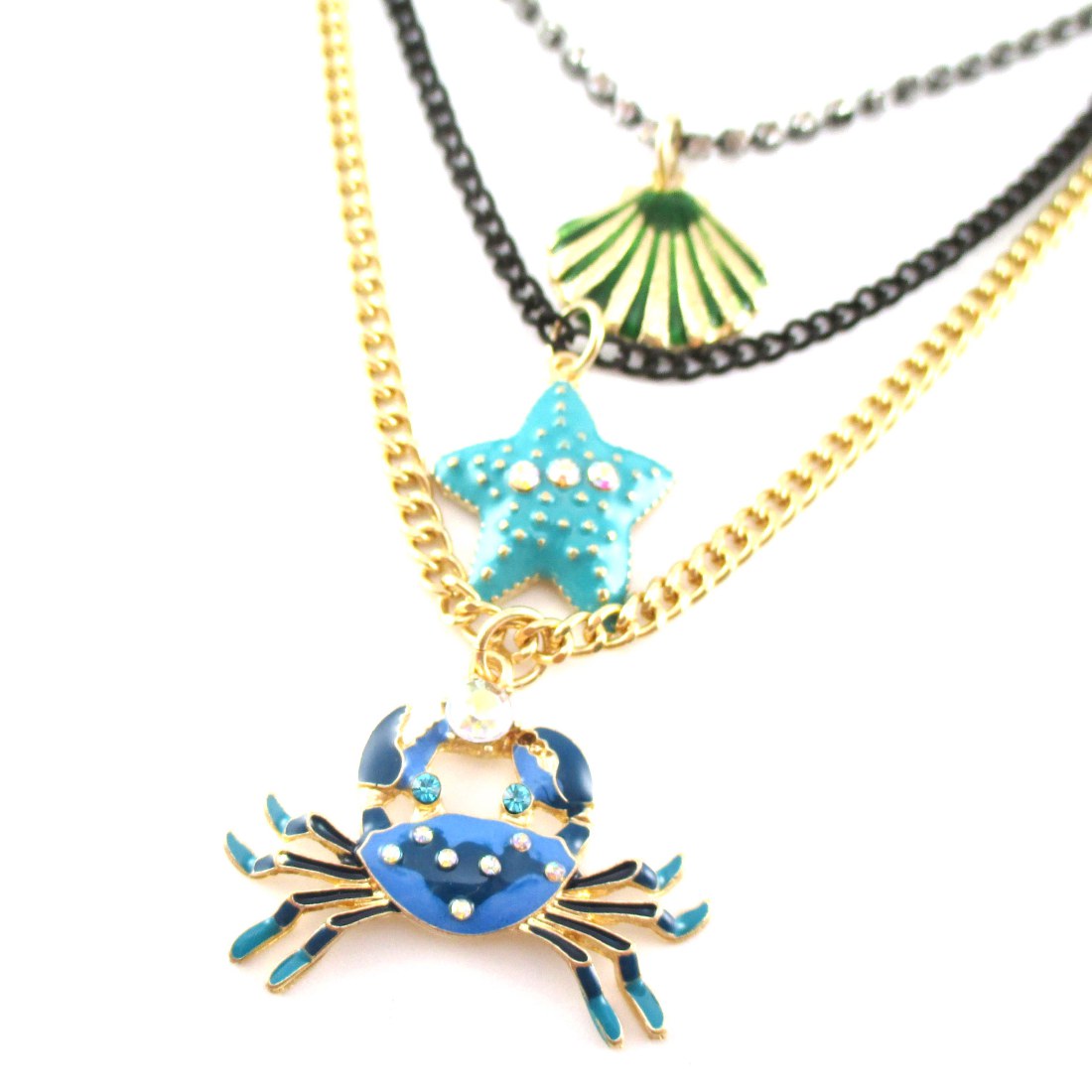 Sea Creatures Themed Crab Starfish Sea Shell Charm Tiered Necklace