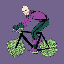 Lex Luthor riding bike with kryptonite wheels, 5x5 print