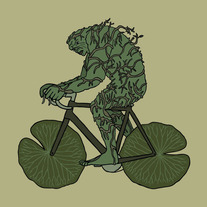 Swamp Thing ridng bike with lily pad wheels, 5x5 print