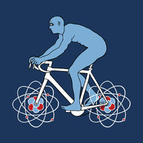 Dr Manhattan riding bike with atomic particle wheels, 5x5 print