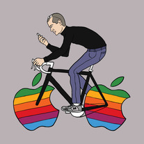 Steve Jobs riding bike with Apple wheels, 5x5 print