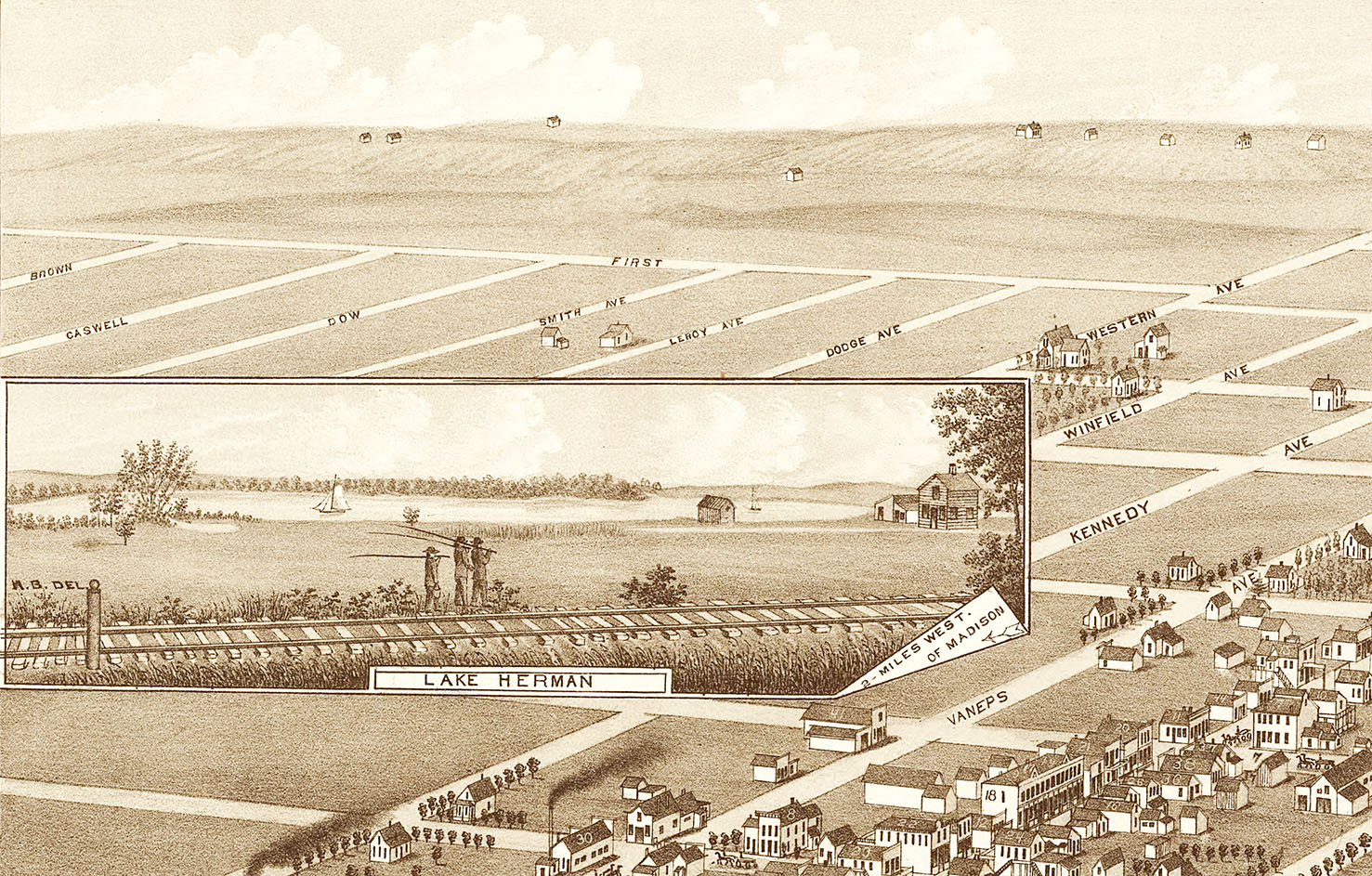 Madison, South Dakota in 1883 Bird's Eye View, Aerial Panorama