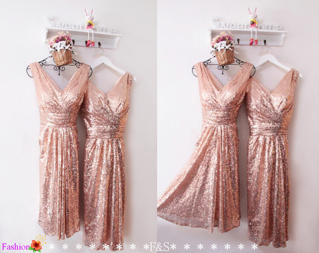 Short Sequin Dress,Rose Gold Metallic Prom Dress,Prom Dress 2016,Champagne Sequin Bridesmaid
