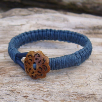 Macrame Blue Leather and Hemp Button Toggle Bracelet