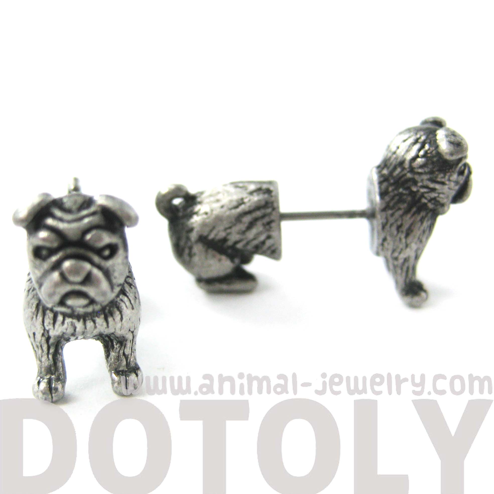 Adorable Bulldog Animal Fake Gauge Stud Earrings in Silver · DOTOLY