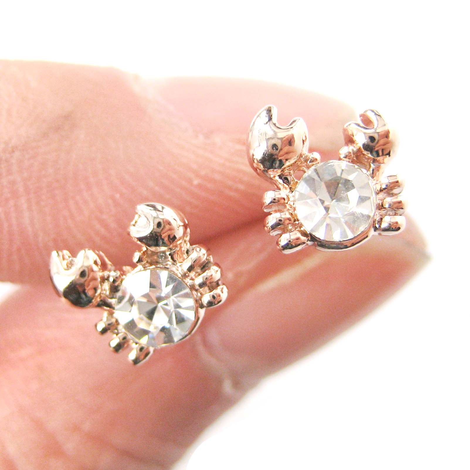 Small Crab Shaped Animal Stud Earrings in Rose Gold with Rhinestones on