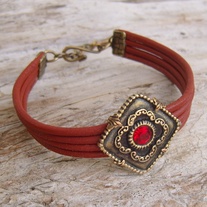 Red Leather Bracelet with Antique Gold Medallion and Red Crystal