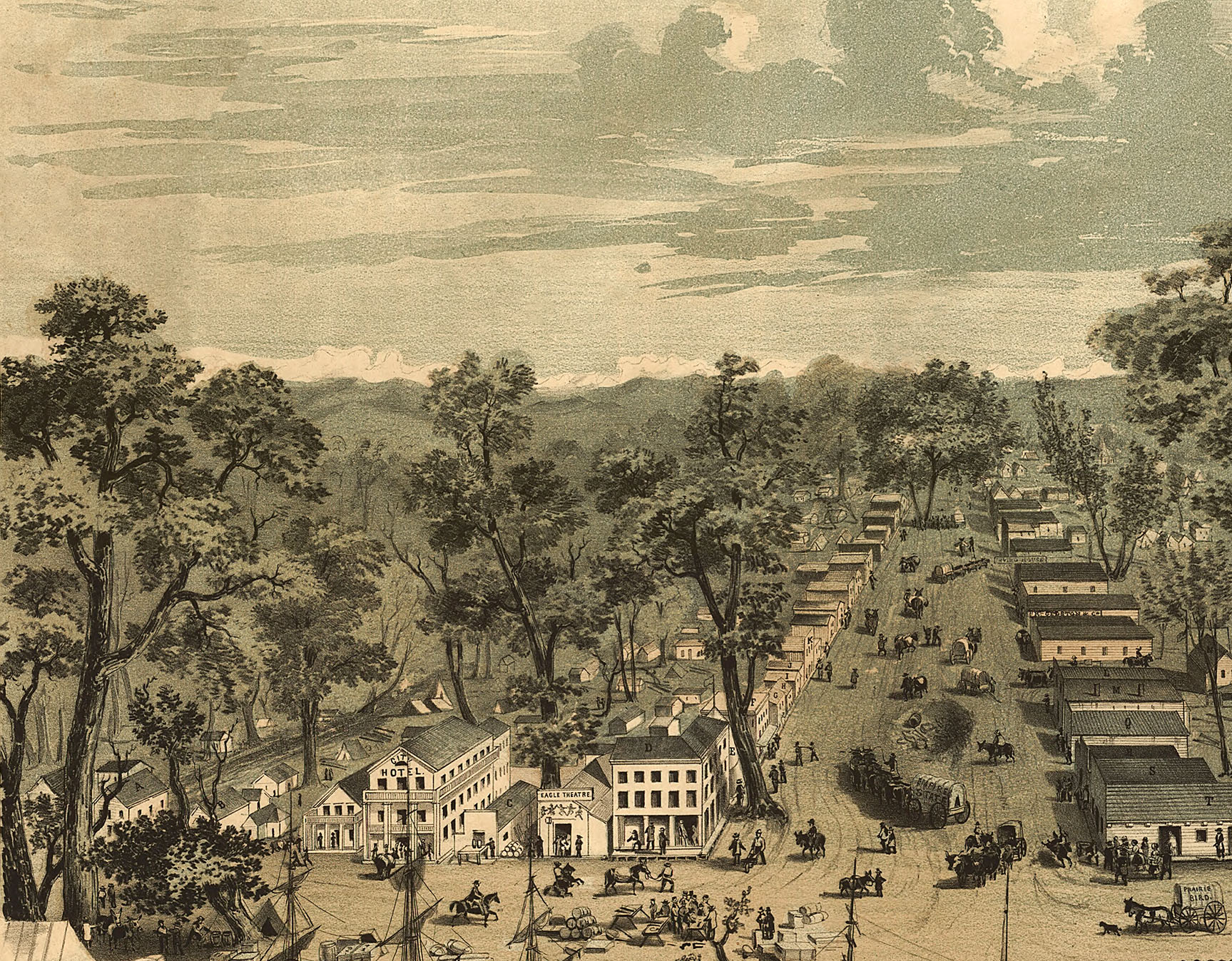 Sacramento City, California in 1850 Bird's Eye View, Aerial, Panorama, Vintage, Antique map