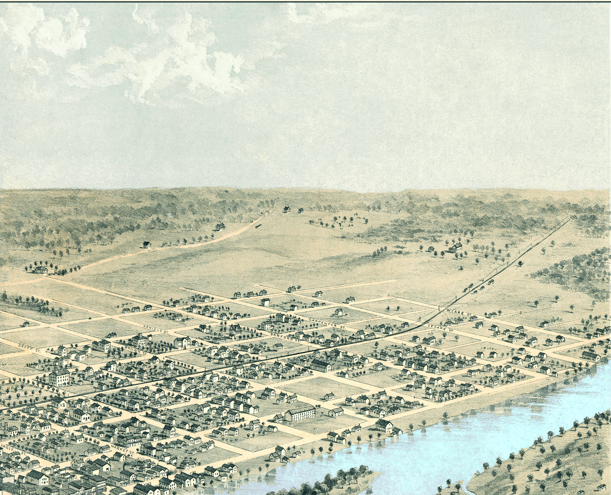 Cedar Rapids & Kingston, Iowa in 1868 Bird's Eye View, Aerial map