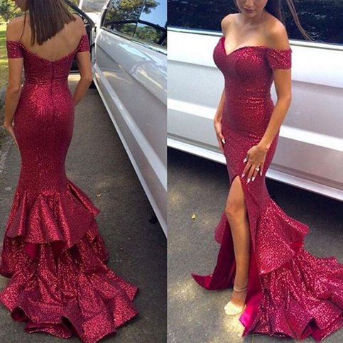dresses prom mermaid dress evening sequin drop slit sexy burgundy arrival sleeves short tiered gowns skirt dresscomeon n51