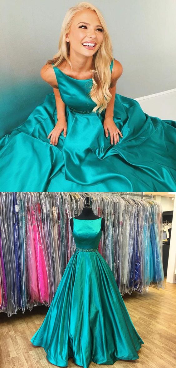 Green prom dress, bateau prom dress, long prom dress, cheap prom dress