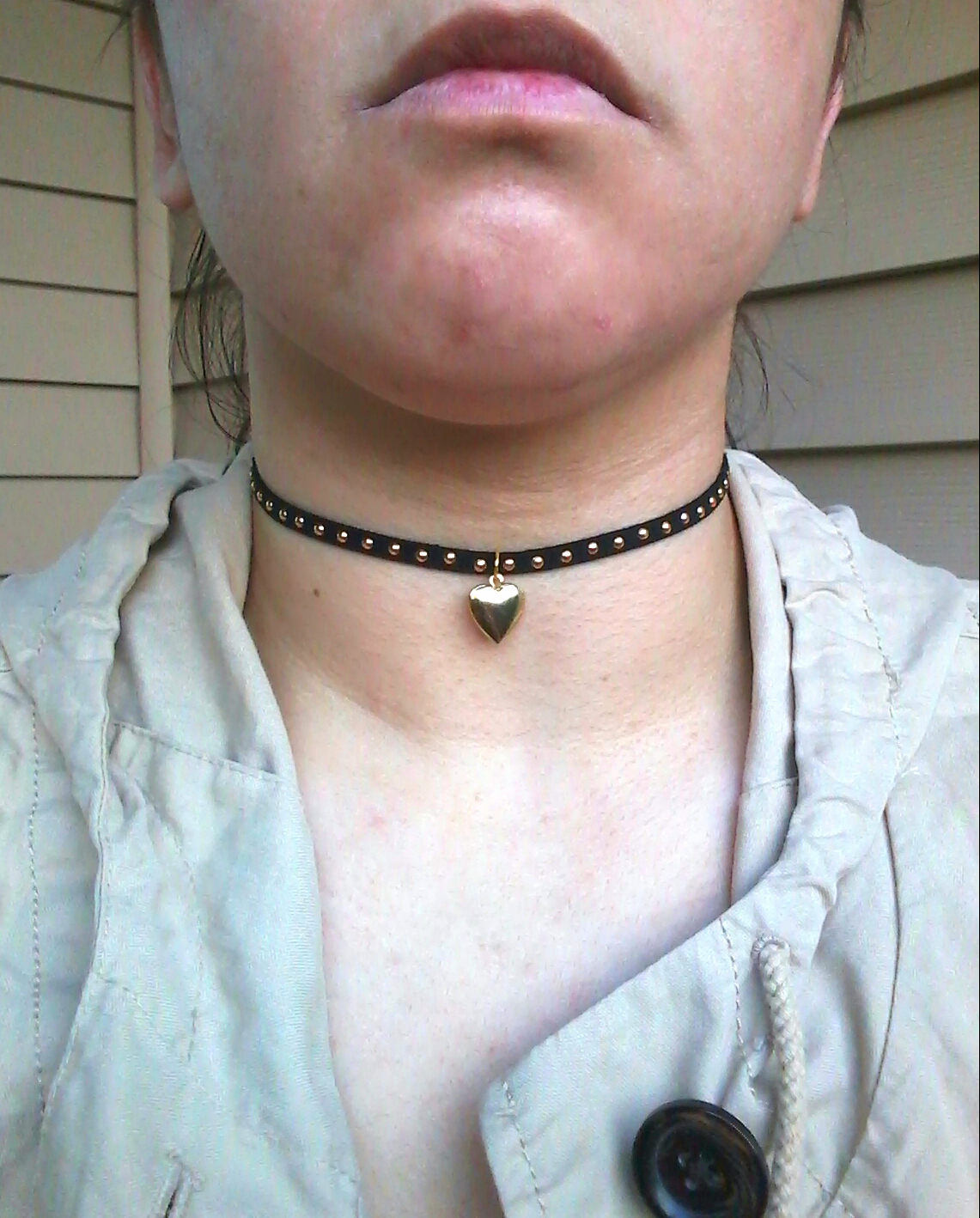 Studded Black Leather Choker Gold Heart Locket Necklace Gold Studded Black Leather Choker