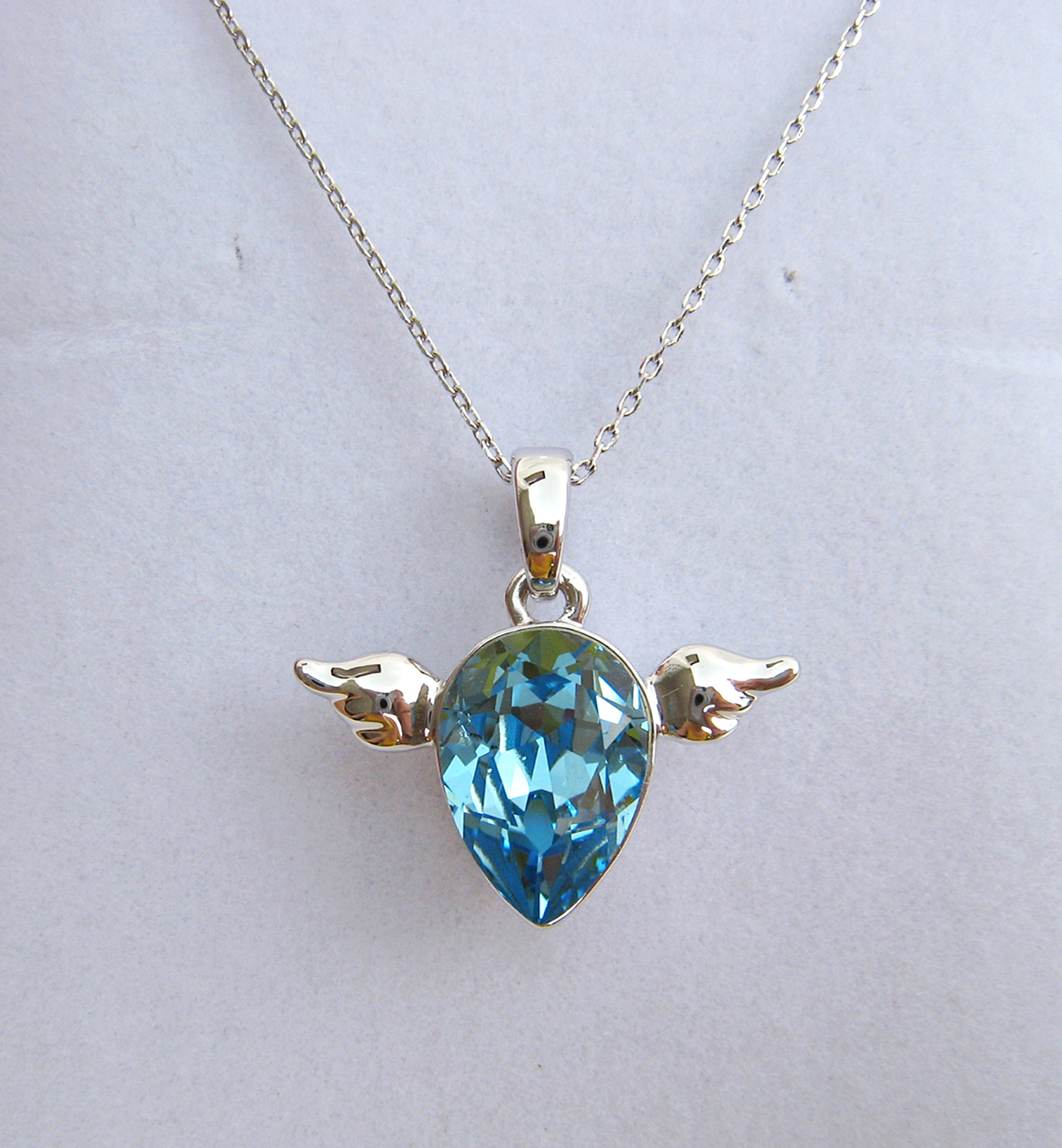 Blue Swarovski Crystal Angel Silver Short Necklace. Sparkly Angel