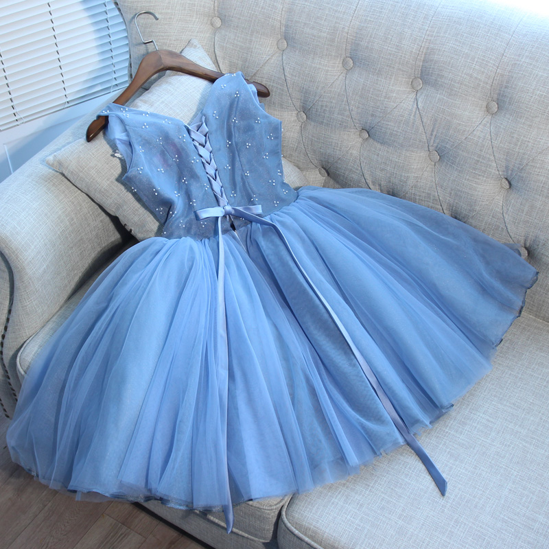 Cute blue lace short prom dress, blue dress · of girl