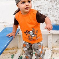 FREE SHIPPING Boys 3 pcs set orange and monkey, top, pants and pirates scarft hat beret