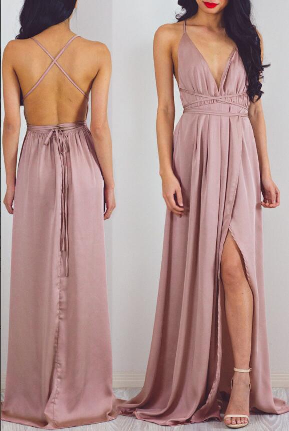Sexy Aline Vneck Long Pink Prom Dress with Criss Cross Back on Storenvy