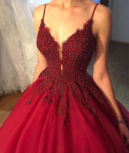 Dark Red A line Lace Beaded V Neckline Long Evening Prom Dresses
