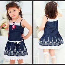 FREE SHIPPING AND ON CLEARANCE SALE Blue and White with Lace Accented Girls Summer Dress 