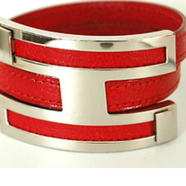HERMES Red Leather Bangle Bracelet Silvertone P... 