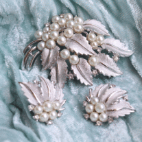 Signed Trifari Silvertone, Faux Pearl & Rhinestone Set