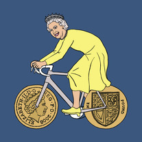 Queen Elizabeth II on bike with one pound coin wheels, 5x5 print