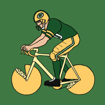 Greenbay packer riding bike with cheese wheel wheels, 5x5 print