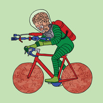 Mars Attacks Alien riding bike with Mars wheels, 5x5 print 