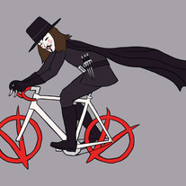 V riding bike with vendetta symbol wheels, 5x7 print