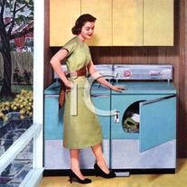 0511-1110-2922-2658_retro_style_image_of_housewife_doing_laundy_at_the_washer_and_dryer_clipart_image