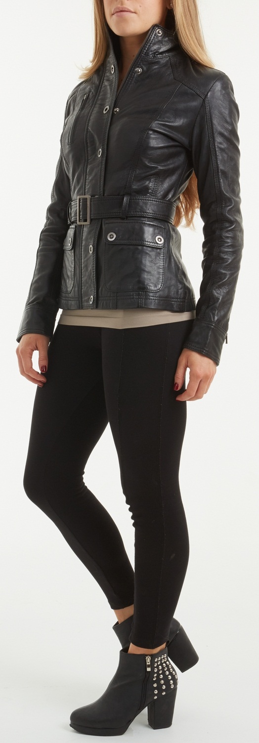 Women black belted leather jacket, women biker leather jacket, REAL