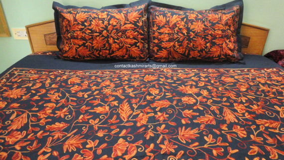 Black Orange Bedding Embroidered Bedspread Bed Cover Floral