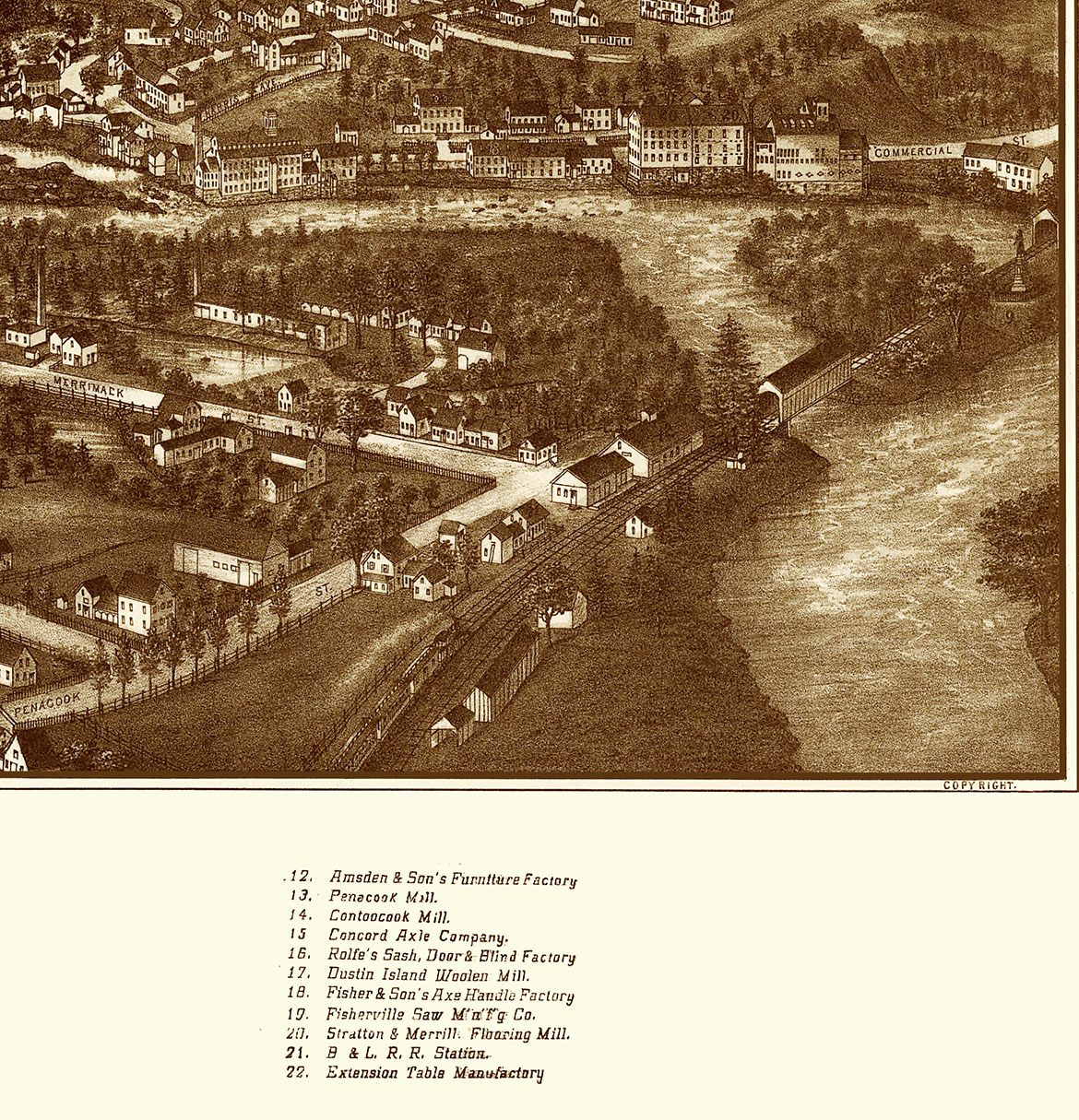 Penacook, NH in 1887 Bird's Eye View Map, Aerial map, Panorama map