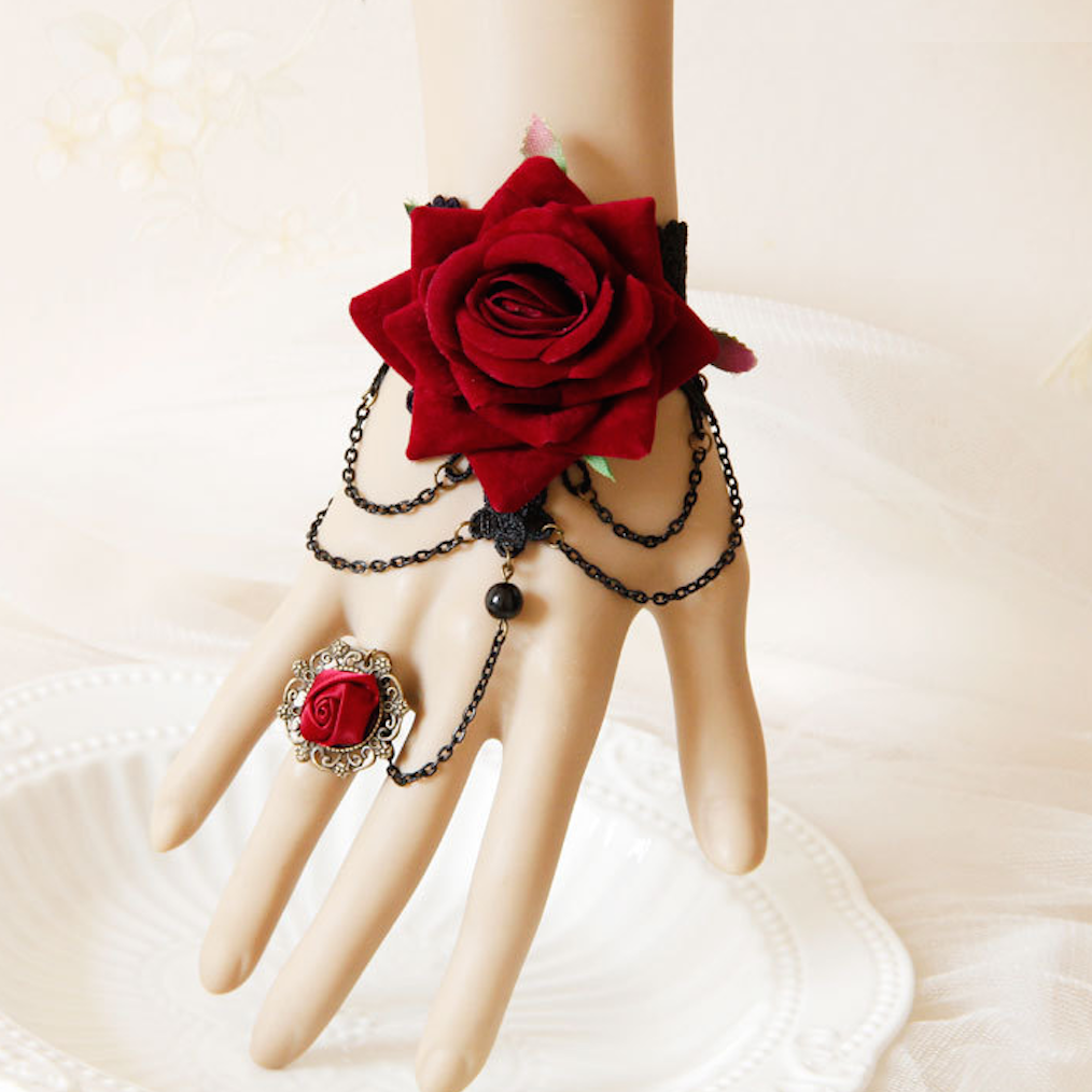 New Elegant Gothic Style Lace Red Rose Bracelet with Adjustable Finger Ring NS