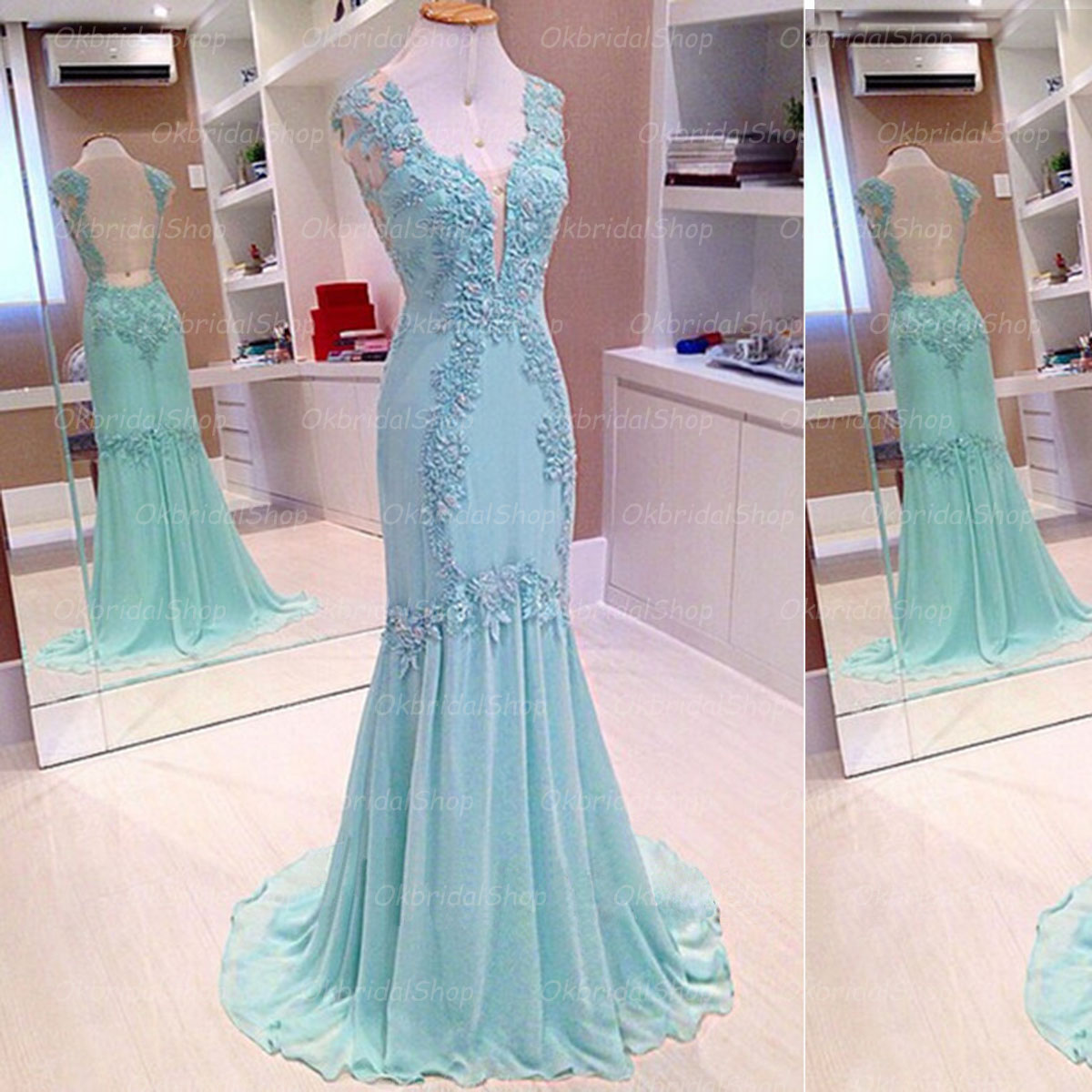 Tiffany Blue Lace Prom Dress