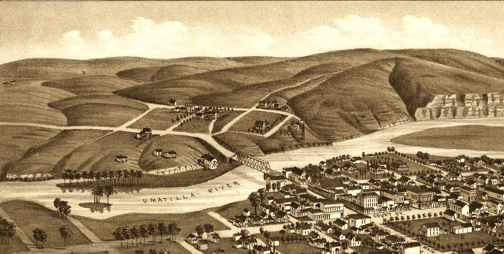 Pendleton, Oregon in 1884 Bird's Eye View Map, Aerial Map, Panorama