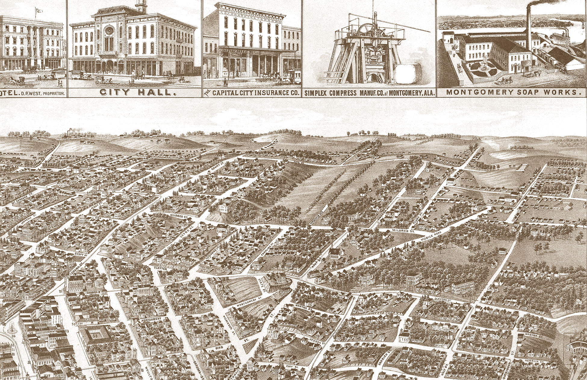 Montgomery, Alabama in 1887 Bird's Eye View Map, Aerial, Panorama