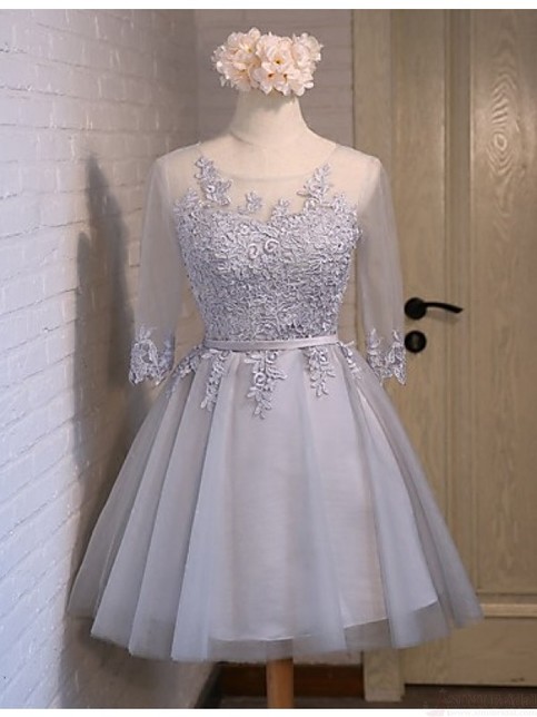 Baby Blue Lace Tulle Long Sleeves Homecoming Dresses,Back