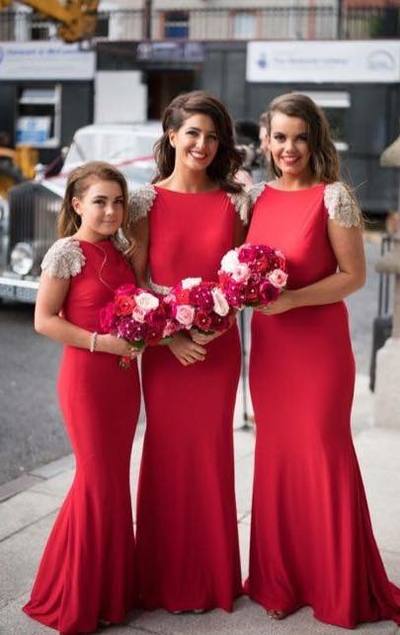 red bridesmaid dresses with sleeves