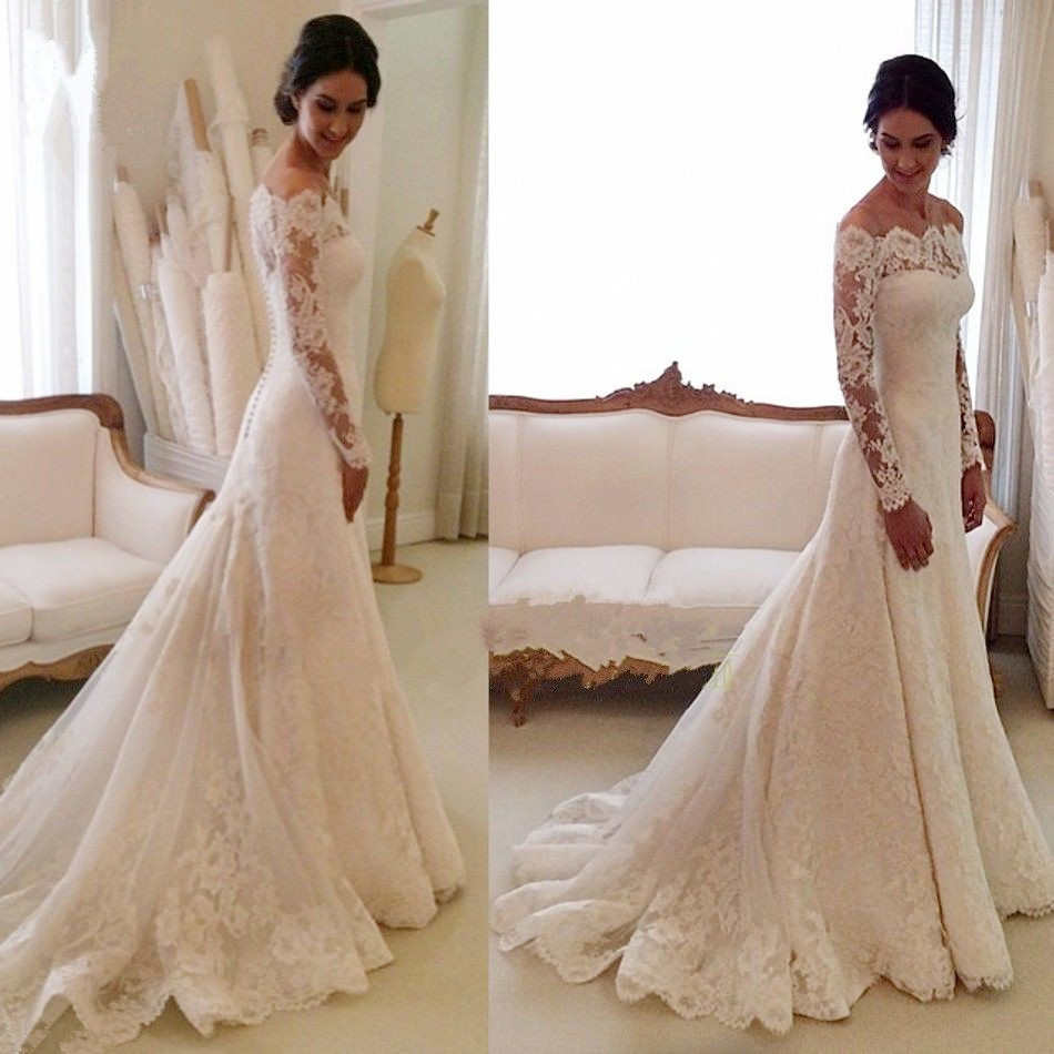 White Off-the-shoulder Lace Long Sleeve Bridal Gowns Cheap Simple ...