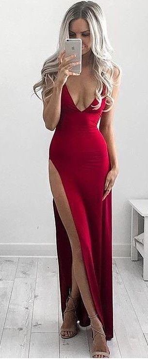 Simple Sexy Prom Dress Hot Red Prom Dresses Deep V-neck