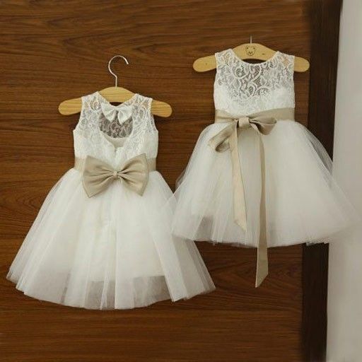 white and champagne flower girl dress