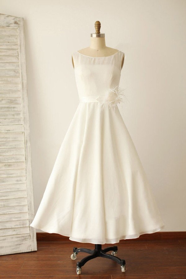 boat neck tea length wedding dress
