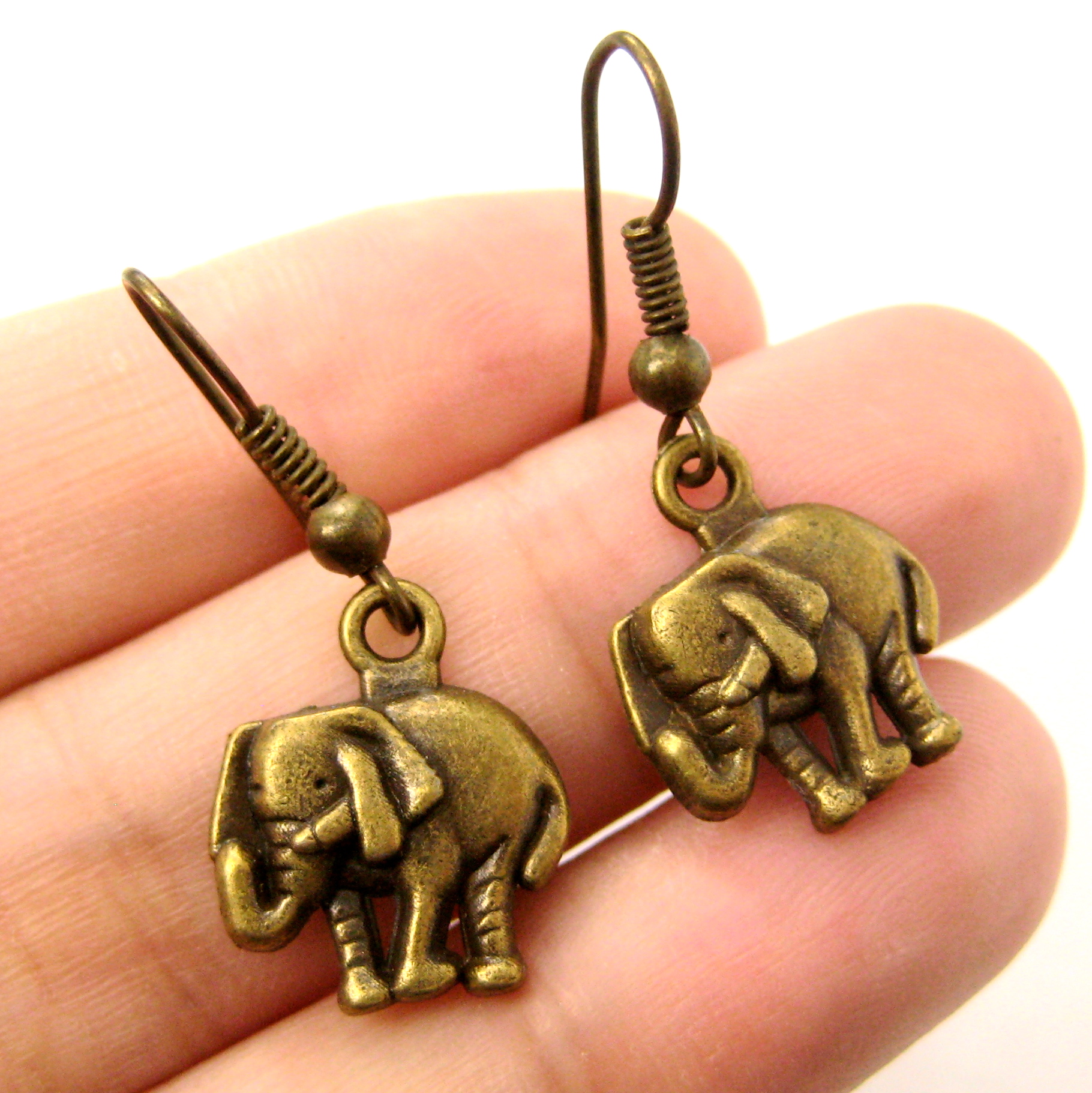 Small and Cute Elephant Animal Charm Dangle Earrings in Bronze · DOTOLY