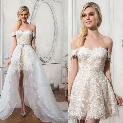 F447 Off Shoulder Short Beach Wedding Bride Dress Lace