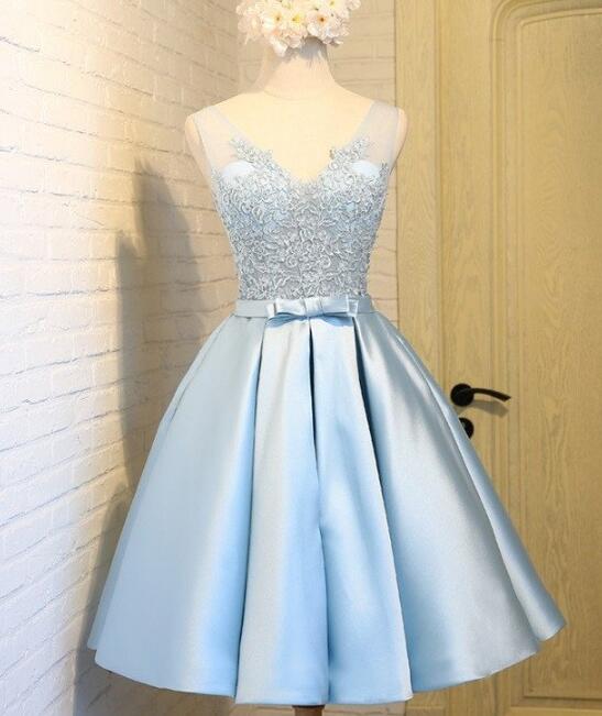 light blue satin homecoming dress